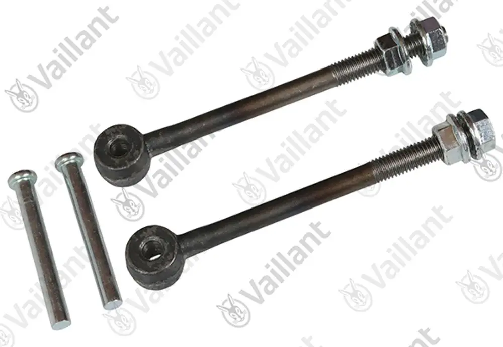 Vaillant Befestigungssatz mit zwei Stangen und vier Schrauben, geeignet für die Montage an Brennertüren. Teile aus Metall mit Mutter und Gewinde.